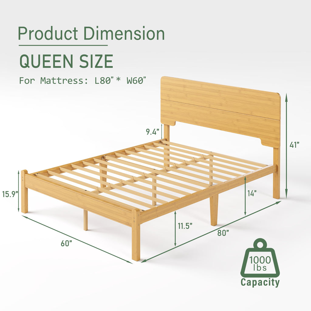 Queen Size Bamboo Wood Platform Bed Frame with Headboard, Natural