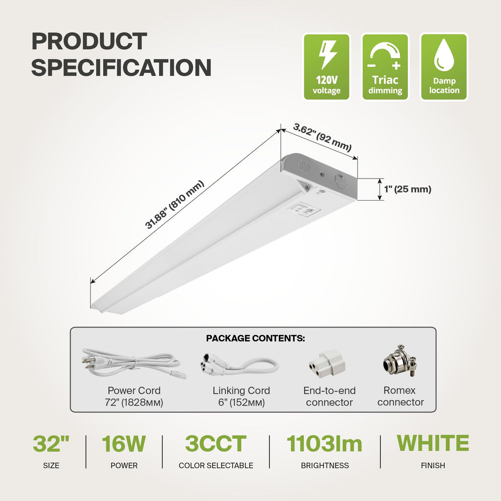 White Swivel LED Under Cabinet Light, 32 Inch 16W, Plug in/Hardwired