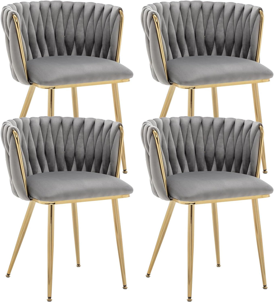 Grey Velvet Dining Chairs Set of 4, Modern Upholstered Dining Room Chairs with Gold Metal Legs, Luxury Barrel Dining