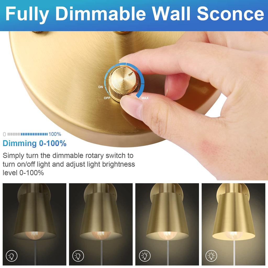 Plug in Wall Sconces, Dimmable Wall Sconces Adjustable Angle Wall Lights with Plug in Cord and Dimmer On/Off Knob