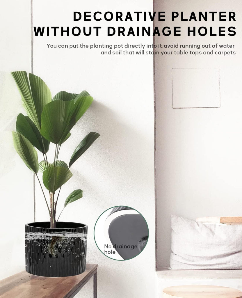 Ceramic Plant Pot with Stand, 10 Inch Planter with Wood Shelf, Modern Round Flower Pots Indoor with Wood Planter