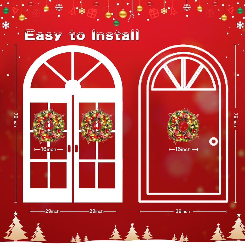 Lighted Christmas Wreath Front Door - 16'' Reindeer Winter Wreath with 8 Modes Timer, Red Gold Balls, Snowflakes