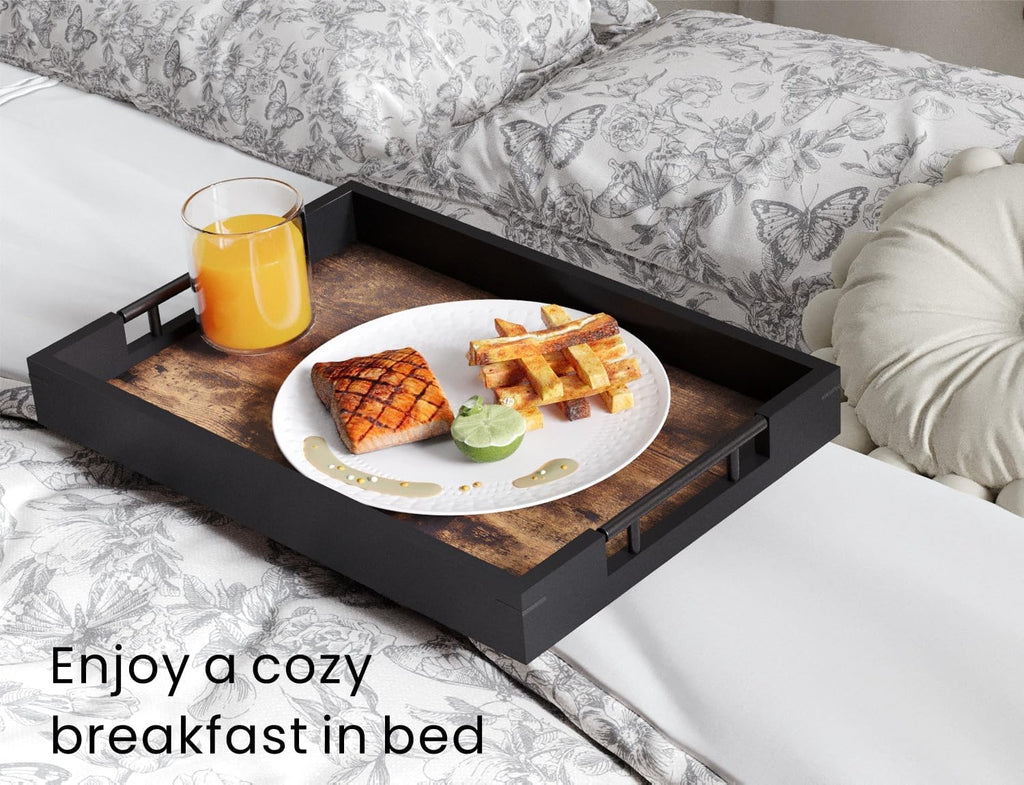 Wooden Set of 2 Serving Tray with Metal Handles,Ottoman Decorative Trays Platter for Coffee Table,Living