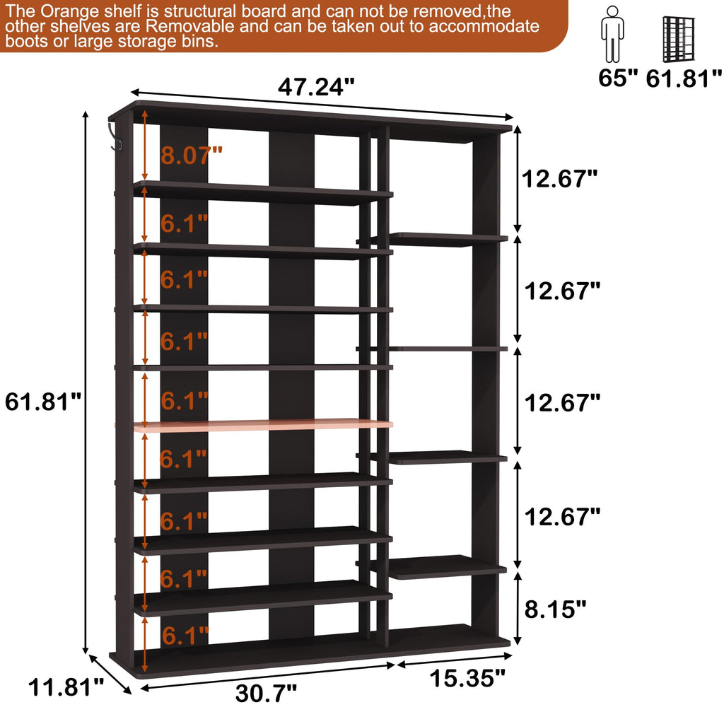 10 Tiers Shoe Rack, 50 Pairs Large Shoe Shelf, 61.8" Tall Shoe Tower, Freestanding Shoe Rack Organizer with Open