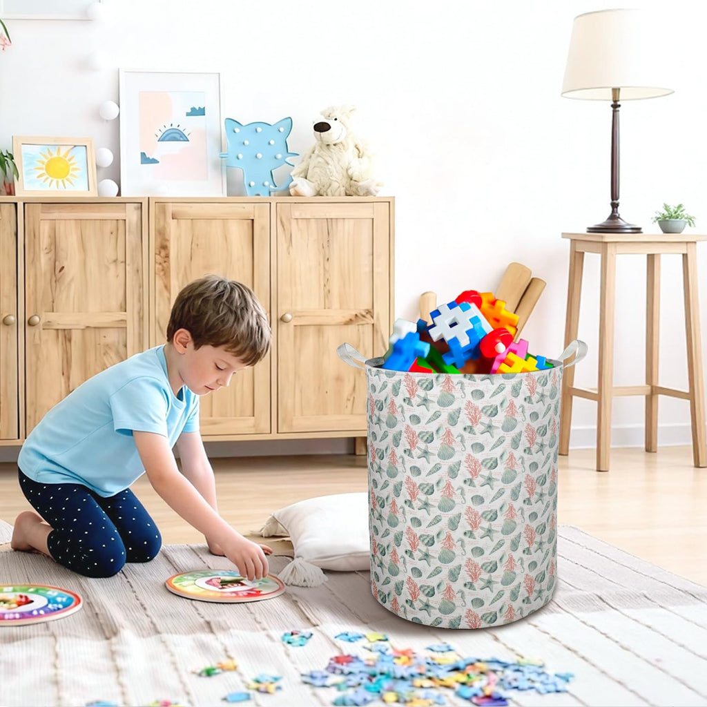 Coastal Beach Laundry Basket Hamper, Ocean Nursery Decor, Blue Seahorse Seashell Starfish Coral Foldable Clothes Toys