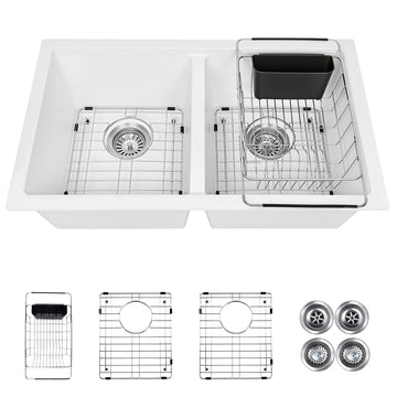 30 Inch White Double Bowl Undermount Kitchen Sink 50/50, 30 x 18 White Granite Composite Kitchen Sink, Deep Quartz