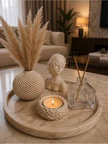 Decorative Coffee Marble Tray Set - Vase, Candle Holder, Reed Diffuser, and decorative accent Object - 5+ Piece Set