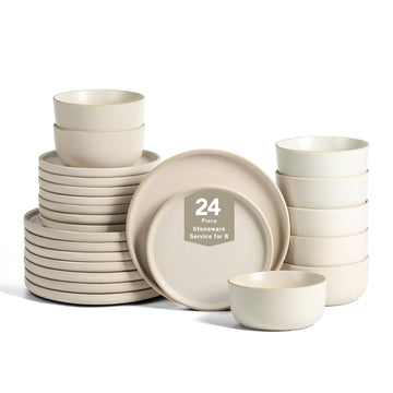 Amber 24-Piece Dinnerware Set Stoneware, Dishwasher and Microwave Safe Plates and Bowls Set, Dish Set for 8, White