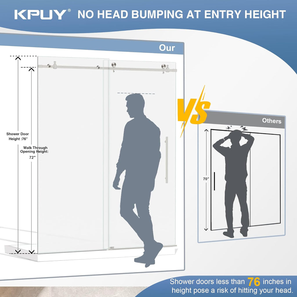 Frameless Shower Door, 61-66" W x 76" H Sliding Glass Shower Door
