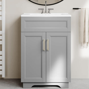 Bathroom Vanity with Ceramic Sink, Wooden Double Door Bathroom Storage Vanity with 24 Inch, Small Quick Assembly Bathroom Cabinet, White & Grey A133-B0CFD9DVMN
