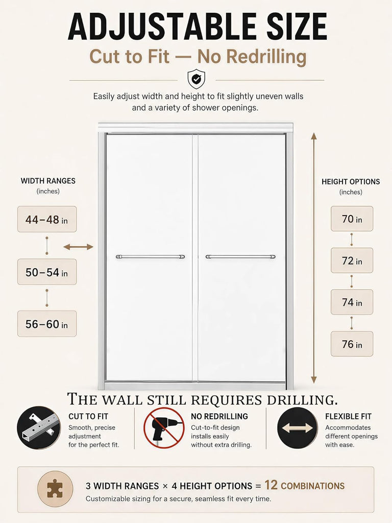 Semi-Frameless Sliding Glass Shower Door 44-48 in. W x 70 in. H, Chrome Frame, 1/4 in. Clear Tempered Glass