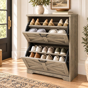 Farmhouse Narrow Shoe Storage Cabinet, Space-Saving Freestanding Shoe Rack Cabinet with 2 Flip-Up Drawers, Hidden