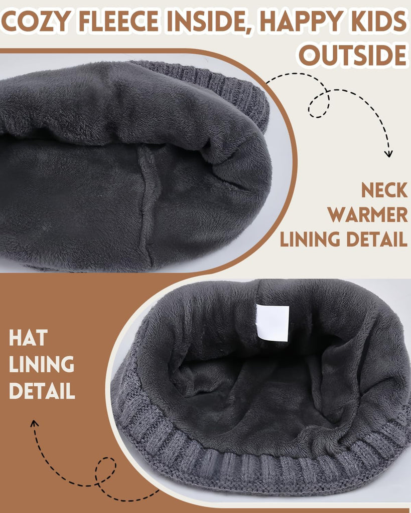 Kids Winter Beanie Hat Scarf Gloves Set, Knit Hat With Earmuffs Neck Gaiter Fleece Lined Touchscreen Gloves
