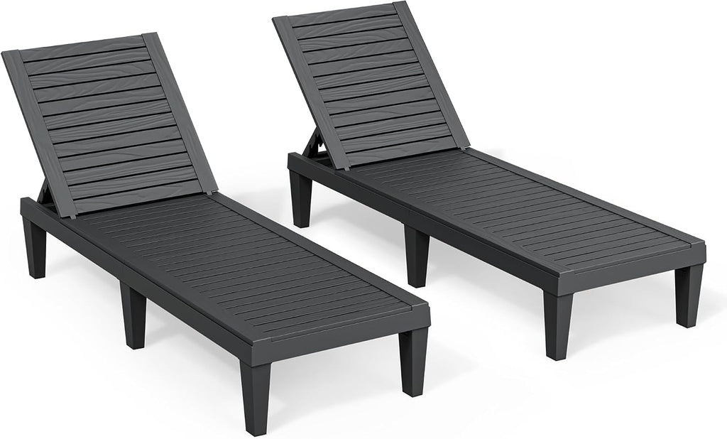 Outdoor Chaise Lounge Chair Set, Patio Chairs(Black Striped, Set of 2) | Wood-Grain HDPE, 5-Position Recline, Patio
