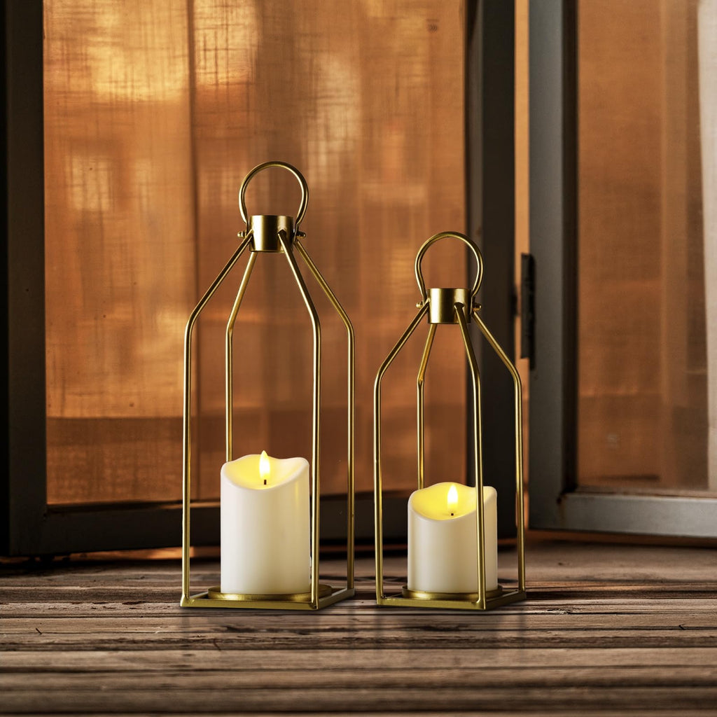 Modern Farmhouse Gold Metal Lanterns 2PCS with Flameless Candle