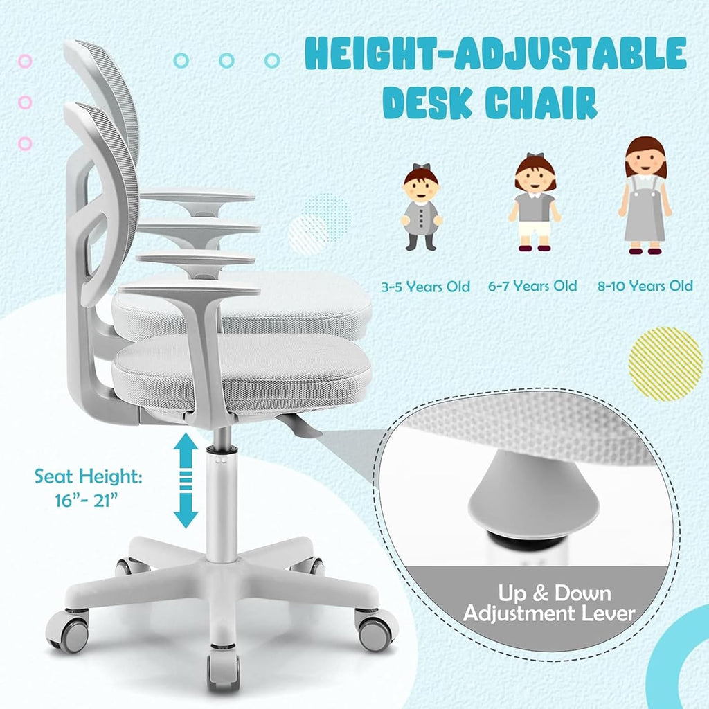 Kids Desk Chair with Detachable Cushion & Armrest, Grey