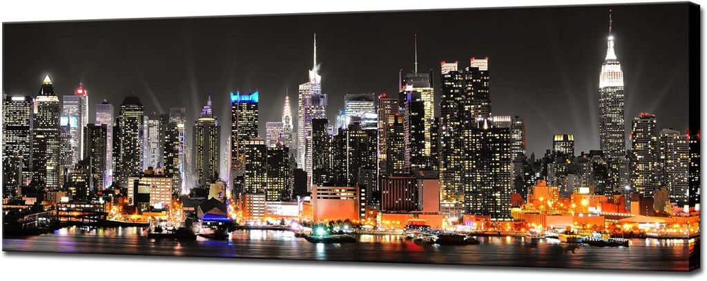 New York City Canvas Wall Art Manhattan Skyline at Night Picture Prints Framed NYC Skyline Landscape Artwork Modern