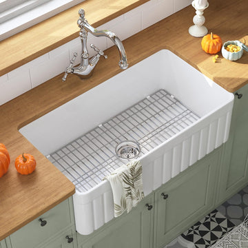 White Farmhouse Sink Apron Front Farm Kitchen Sink 33 inch | Single Bowl Deep Drop-in Undermount Reversible Sinks