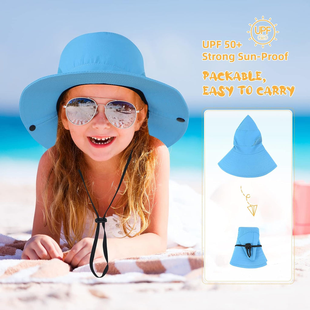 Kids Sun Hat Ponytail Girls UPF 50 Bucket Cap Summer Beach Fishing Kids Hat Wide Brim Adjustable Swim Hat