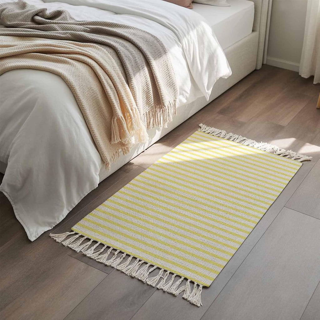 Minimalist Lemon Yellow Striped Runner Rug with Tassel Modern Art Vertical Line Print Entryway Rugs Washable
