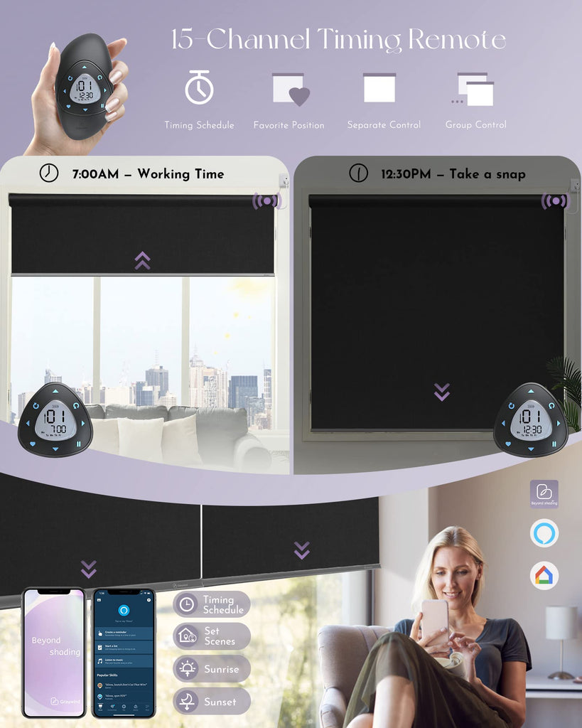 Motorized Shades 100% Blackout Compatible with Alexa Google WiFi Smart Hardwired Window Shade Remote Control Thermal