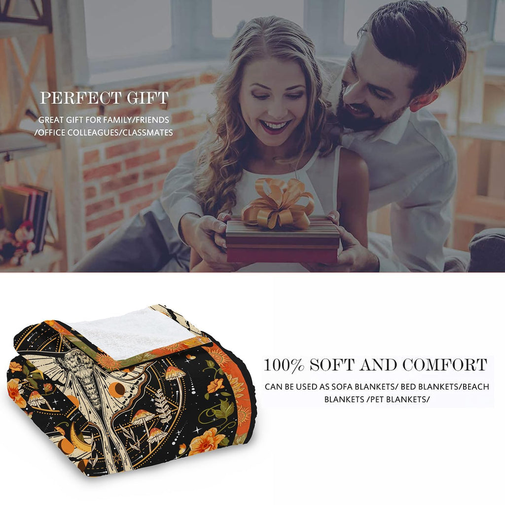 Orange Moth Throw Blanket, Retro Boho Flower Butterfly Sun Moon Star Aesthetic Cozy Decor Nap Blankets Gift Sofa Bed