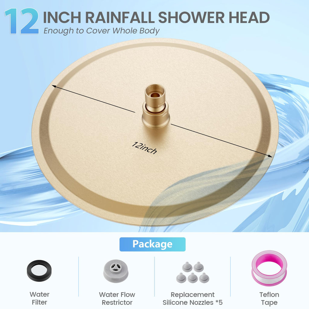 12 inch Brushed Gold Rainfall Shower Head - All Metal Stainless Steel Full Body Round Rain Shower with 120 Silicone