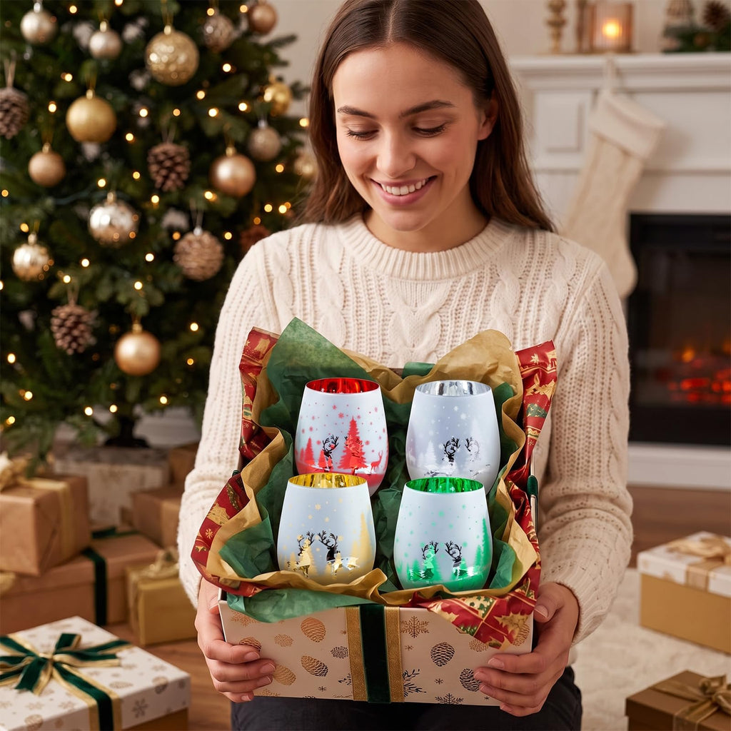 14 oz Christmas Stemless Holiday Wine Glasses with Frosted Winter Scene, Festive Glass Drinkware Cups for Xmas Party