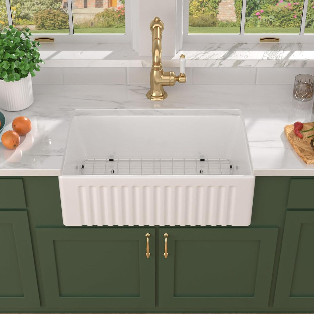 30 Inch Reversible White Farmhouse Sink - Country Style Fireclay Apron Front Farmhouse Kitchen Sink 30x18x10 Ceramic