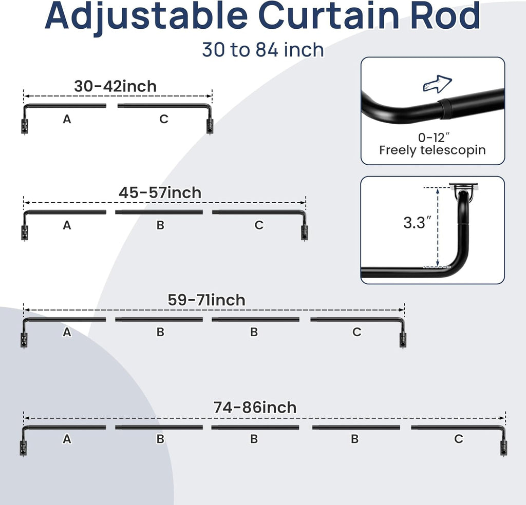 Blackout Curtain rod for windows 48 to 84, Wrap Around Curtain Rods, Adjustable from, Matte Black