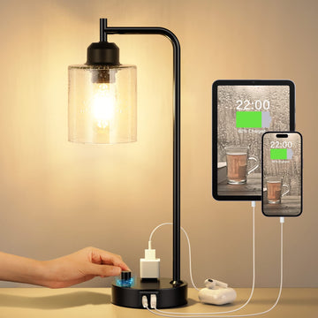 Industrial Desk Lamp, Fully Dimmable Small Bedside Table Lamp, Black, USB C