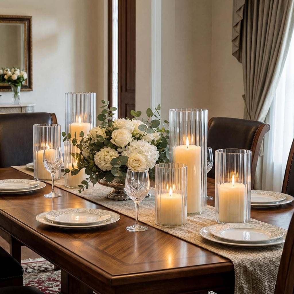 Ribbed Hurricane Glass Candle Holders, 3 Pcs Glass Cylinder Vases with 3 Pcs Unscented White Tall Pillar Candles for