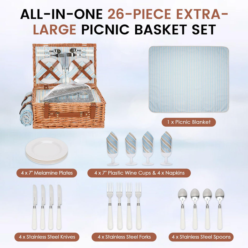 Wicker Picnic Basket Set for 4 Persons with Cooler & Blanket