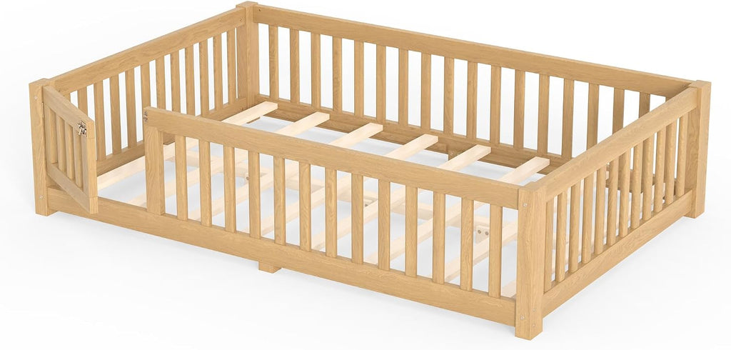 Floor Bed with Rails for Kids, Girls, Boys, Pine, Plywood Floor Bed with slats and Door, Natural