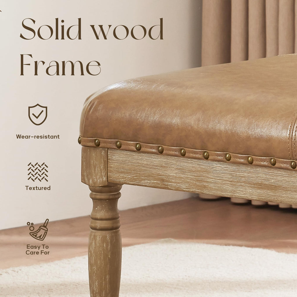 33-Inch Leather Ottoman Coffee Table, Large Ottoman with Shelf & Solid Wood Frame (Light Brown)