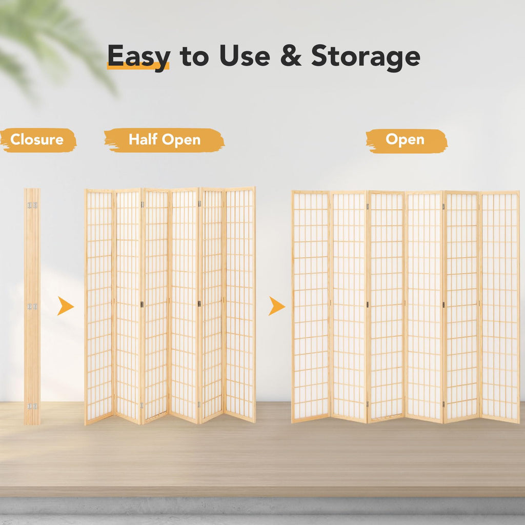 6ft Japanese Room Divider Wall, 6-Panel Shoji Privacy Screen 104" W