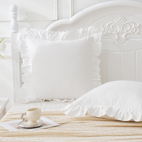 Vintage Off White Ruffle Euro Shams Shabby Farmhouse Pillow Cover 100% Washed Cotton Pillowcases Set of 2-26"x26" White