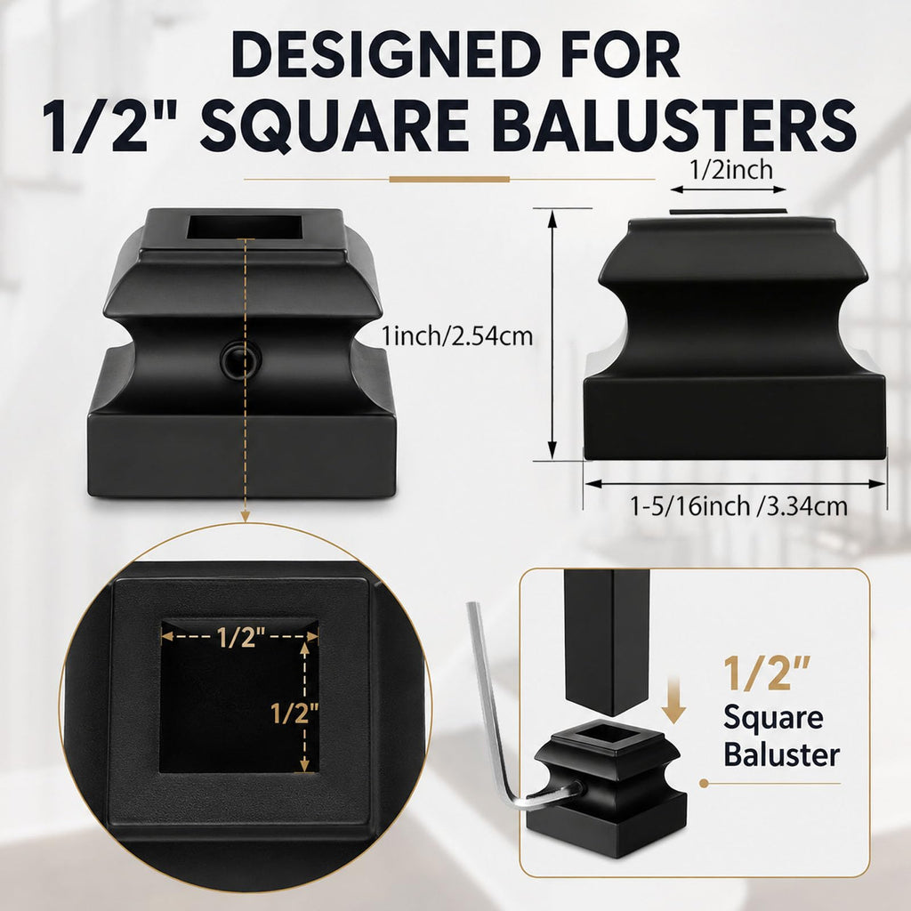 50 Pcs Baluster Shoes Stair Flat Shoe with Screw and Wrench, Suitable 1/2" Square Iron Balusters Basket Twist Knuckle
