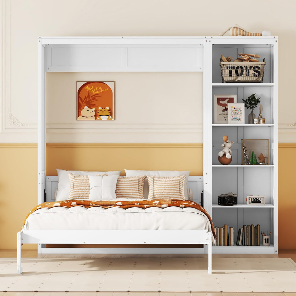 Space-Saving White Murphy Bed Full Size with Adjustable Storage Shelves, Multifunctional Foldable Wall Bed for Small