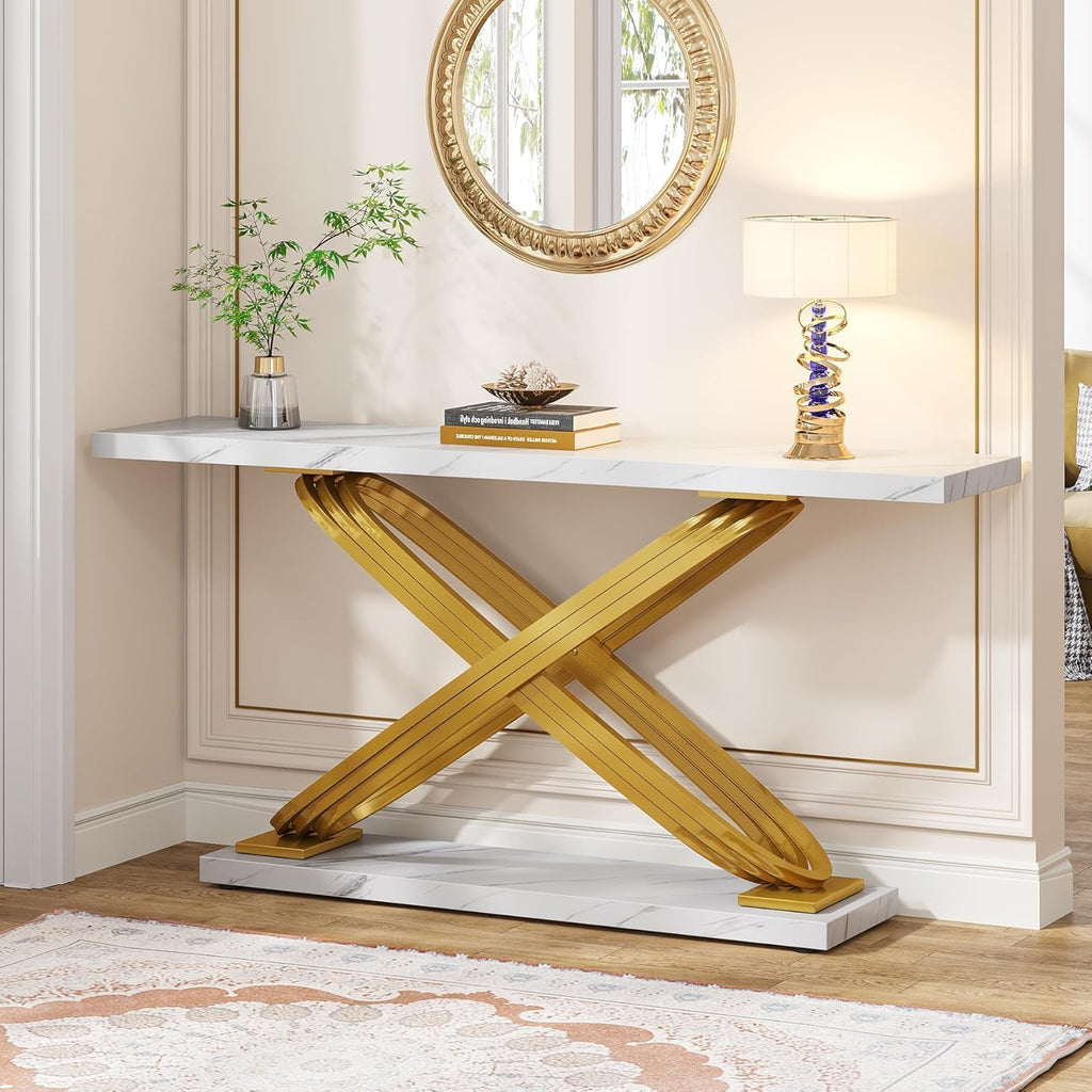 55 Inch Modern Console Table, Gold Entryway Table Behind Sofa Couch, Narrow Rectangular Sofa Table , Front Hall