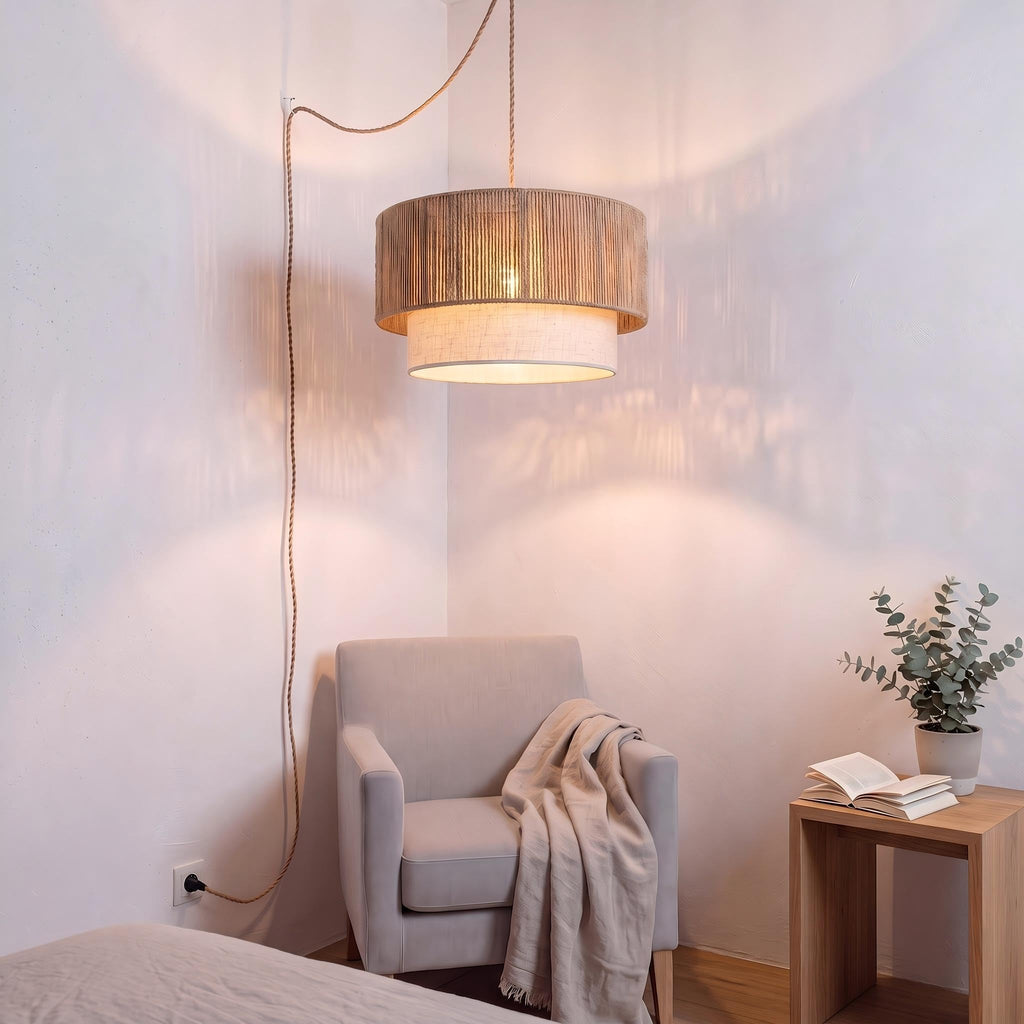 Plug in Pendant Light, 18" Rattan Plug in Chandelier with 18FT Light Cord, Plug in Boho Hanging Pendant Light Living