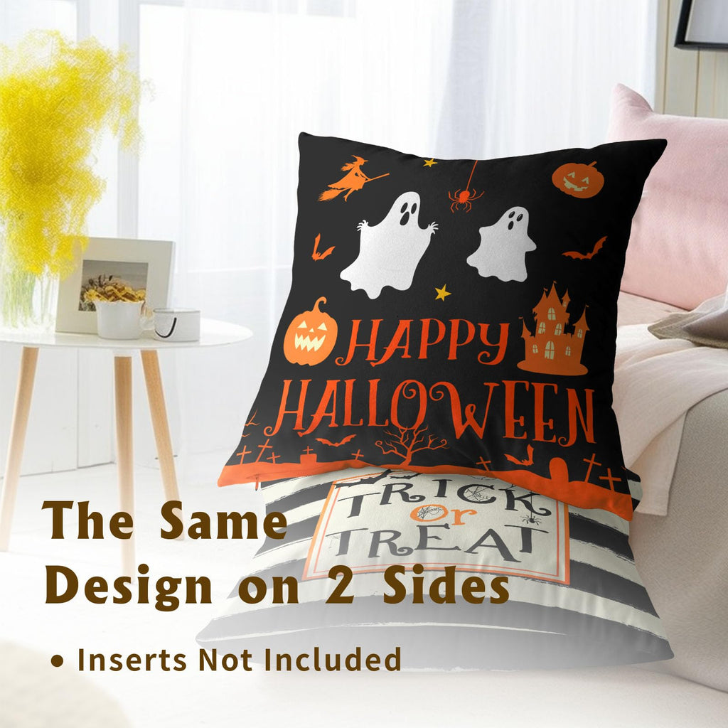 Happy Halloween Ghost Castle Pumpkin Throw Pillow Covers 18X18 Inches Set of 2 Trick or Treat Black and White Stripe