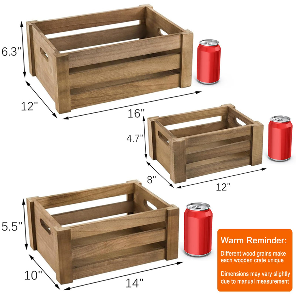Set of 3 Wood Nesting Storage Crates with Handle, Rustic Farmhouse Decorative Wooden Crates Distressed Crates Storage