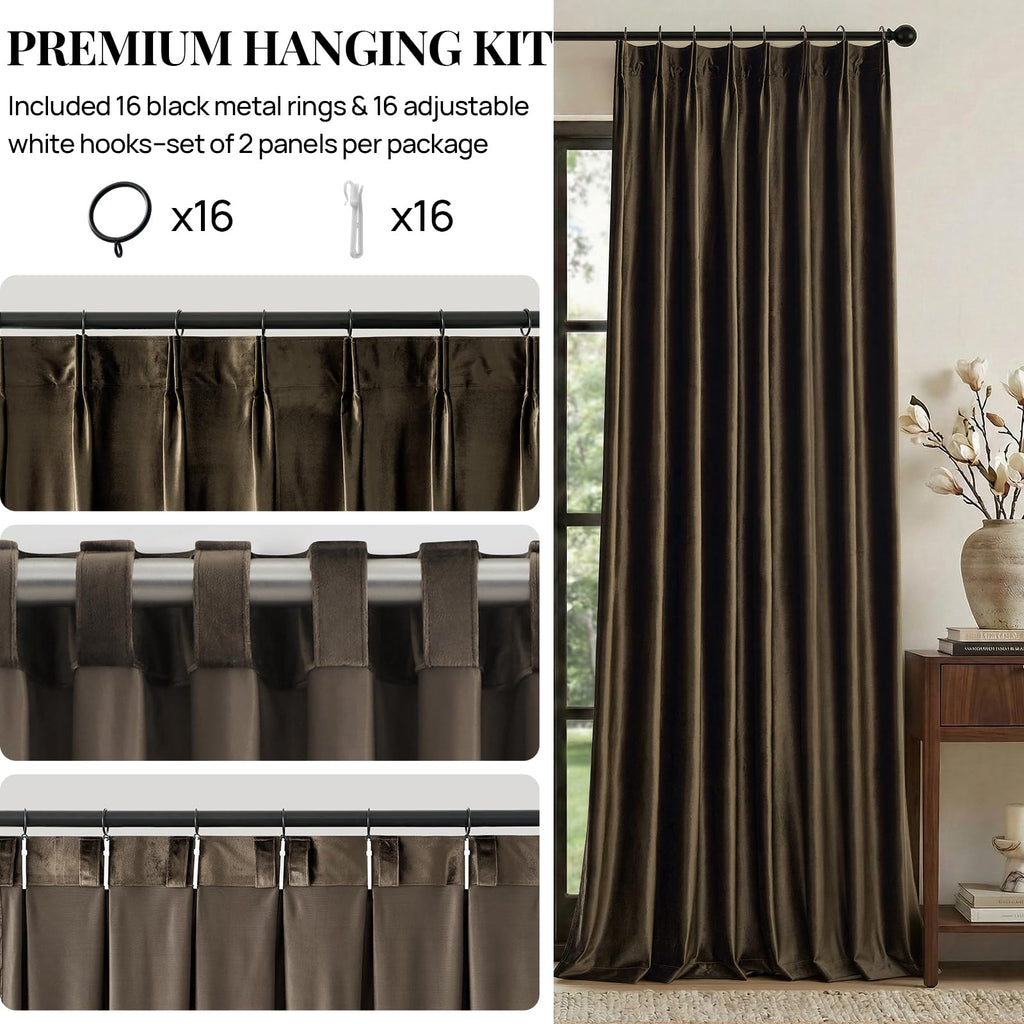 Brown Velvet Pinch Pleated Curtains: Living Room 108 Inches Long 2 Panels Set Luxury Darkening Thermal Insulated