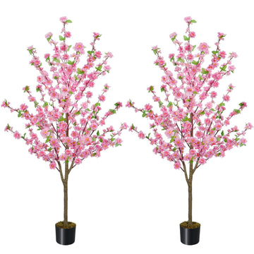 2 Pack Cherry Blossom Tree 5FT Faux Pink Tree Fake Cherry Blossoms Silk Plant with Plastic Moss Pot Artificial Trees