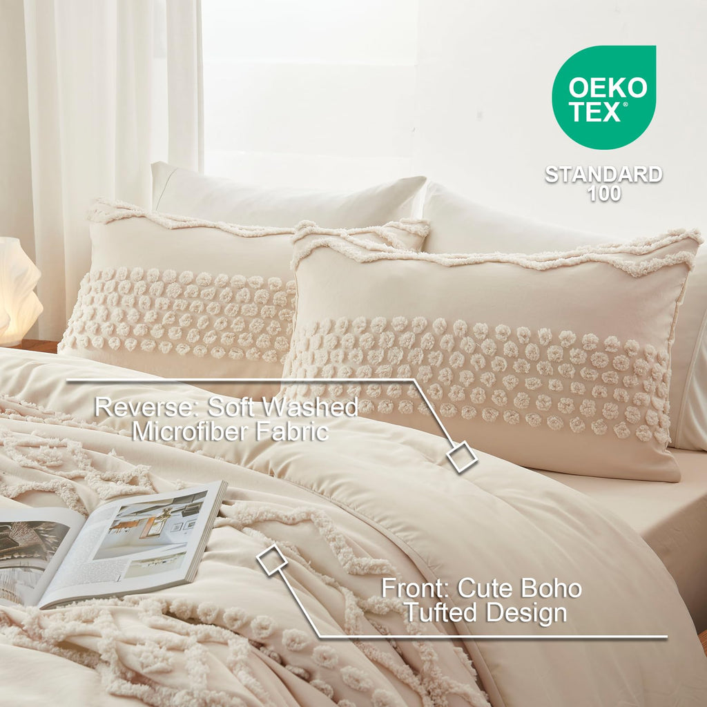 Beige Tufted Comforter Set, 3 Pieces Full Size Boho Bedding Set