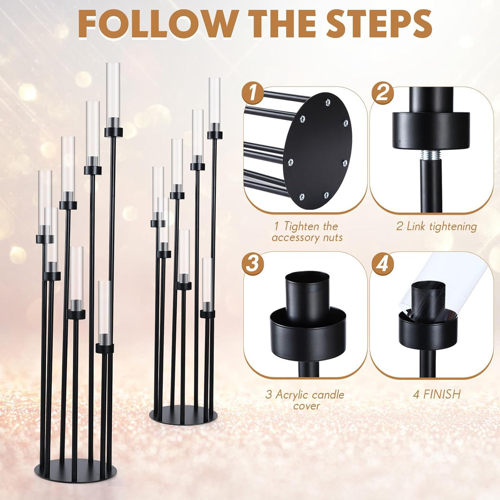 2 Pcs Acrylic Candelabra Centerpieces 48 Clear Candle Holder 7 Arm Black Pillar Taper Candlesticks with Acrylic Shade