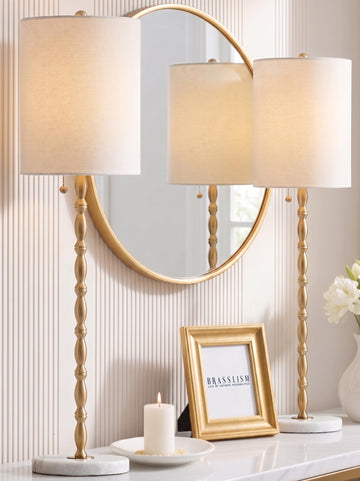 Buffet Lamps Set of 2, 28.5"H Modern Luxury Lamps with Marble Base, Brass Finish and Linen Shade, UL Certified