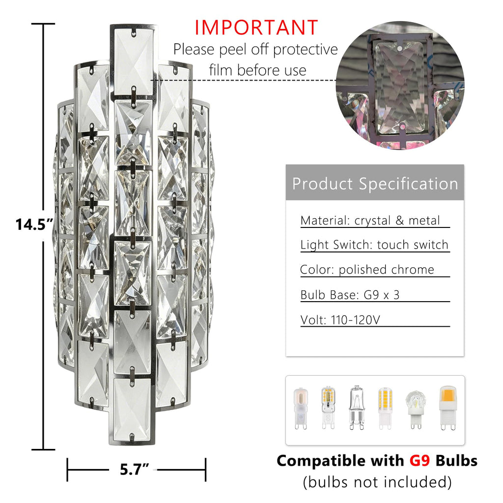 Polished Chrome K9 Crystal Wall Sconce with Touch Switch