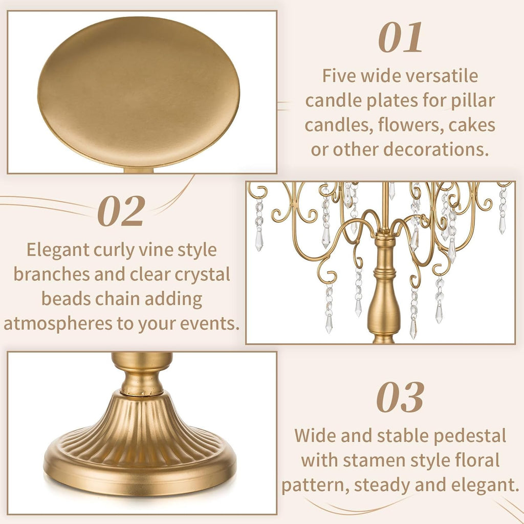 Candelabra Centerpieces Gold Candle Holder - 5 Arm Pillar Candle Holders with Crystal Beadsedding Candleholders